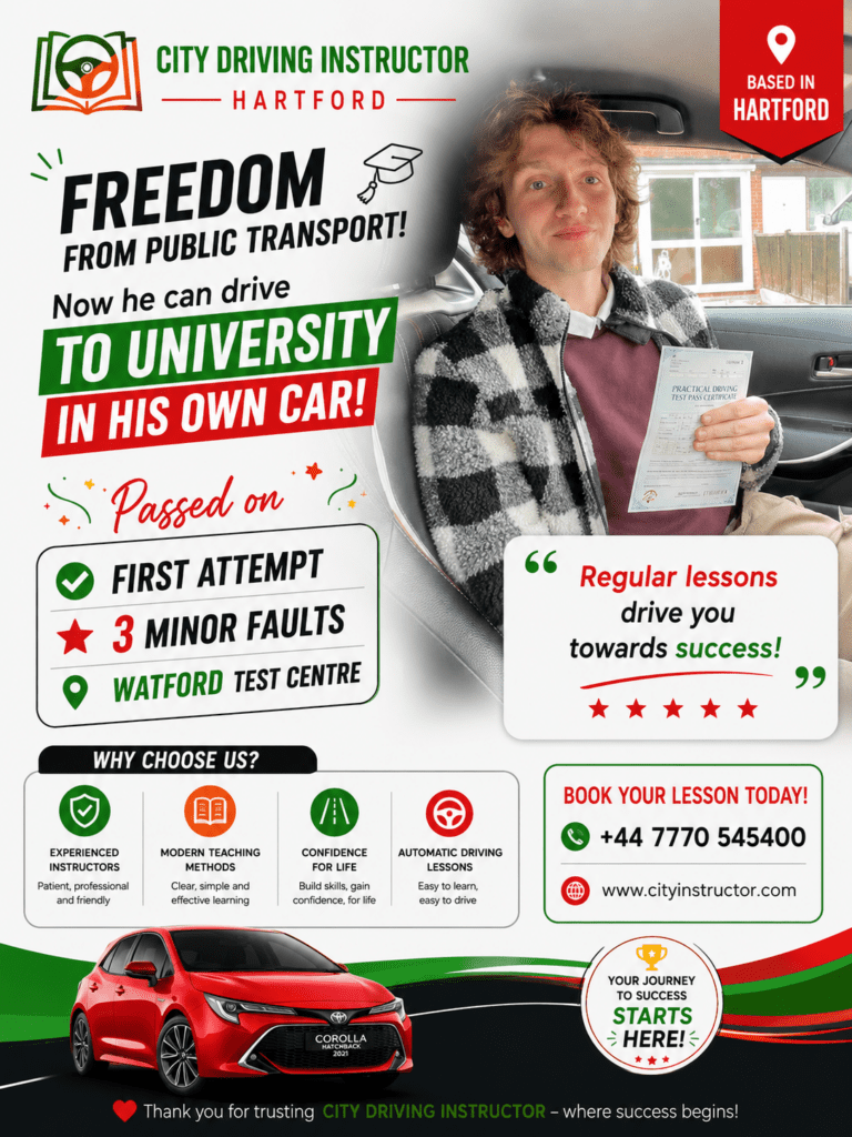 Driving school advertisement with testimonials