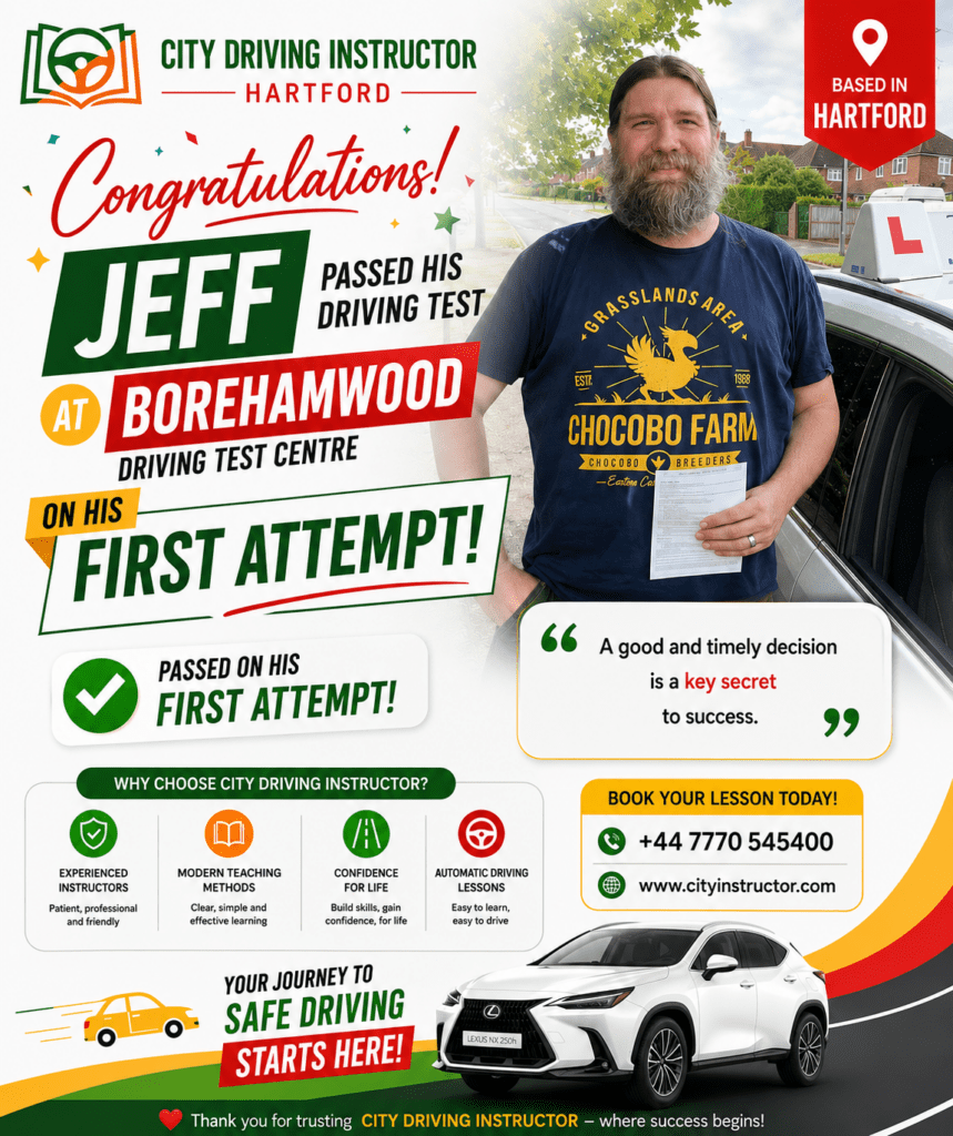 Driving test success announcement for Jeff