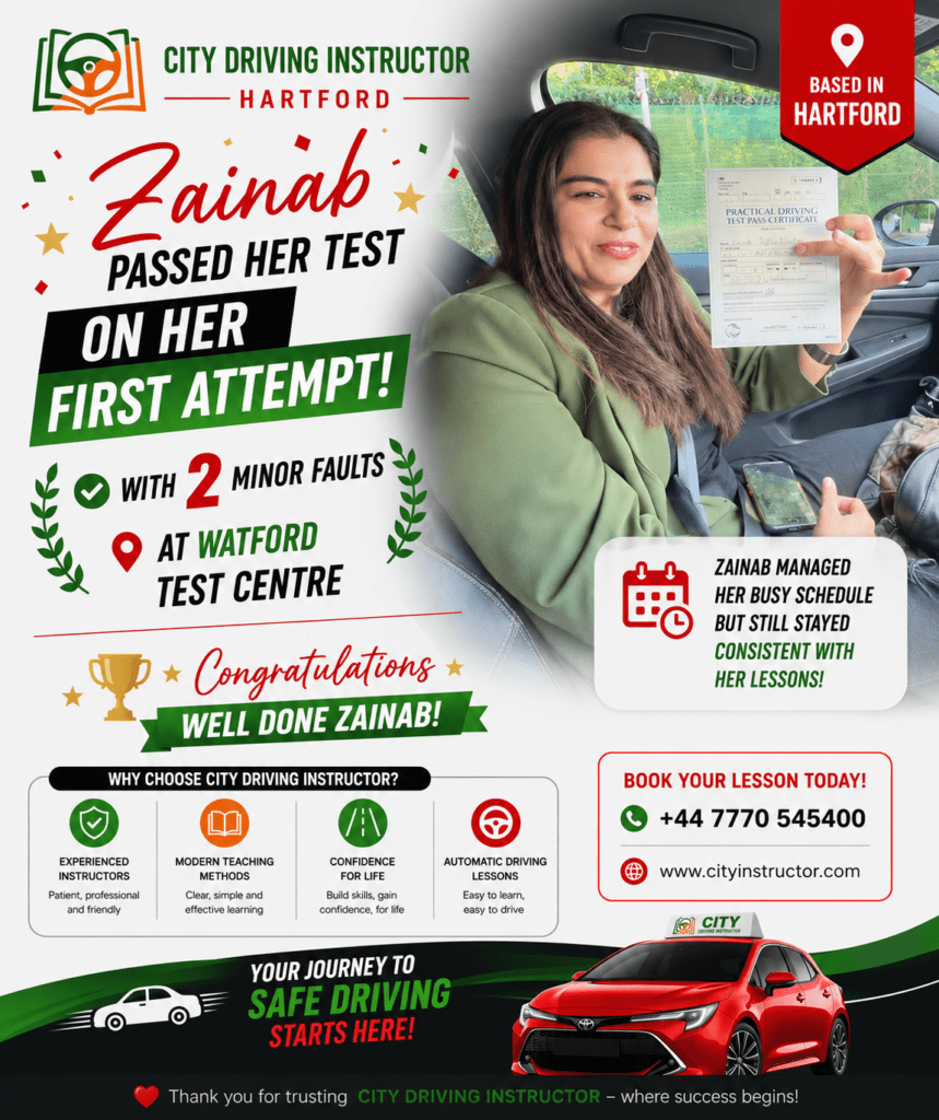 Driving test success announcement for Zainab