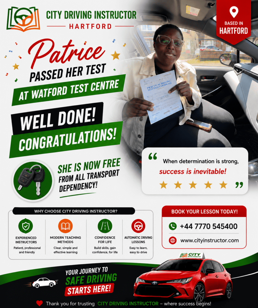 Celebratory driving test success announcement.