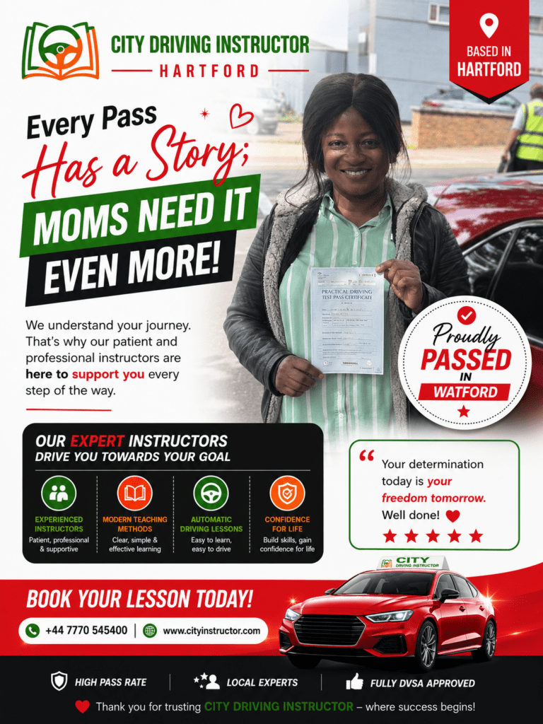 Driving school advertisement featuring instructor